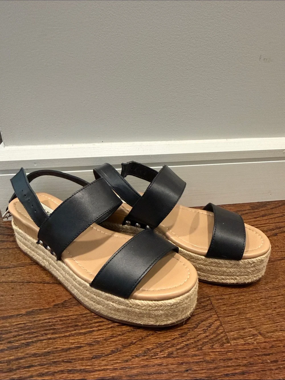 Steve Madden Black and Tan Espadrille Platform Sandals